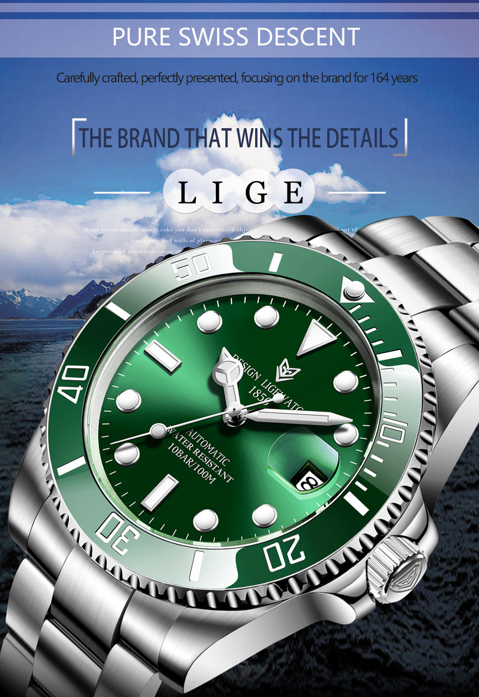Lige 6801 Orologio da Polso da Uomo Elegante in Acciaio Inossidabile  Impermeabile Orologio di Lusso Automatico Meccanico per Uomo