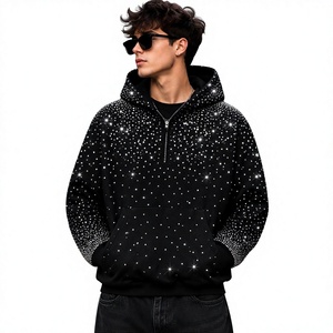 Sudadera con Capucha Negra para Hombre con Estampado de Purpurina y Patrón de Puntos de Diamantes de Imitación, Oversize, Casual, con Cremallera, Ajuste Regular, 100% Algodón - Product Image 1