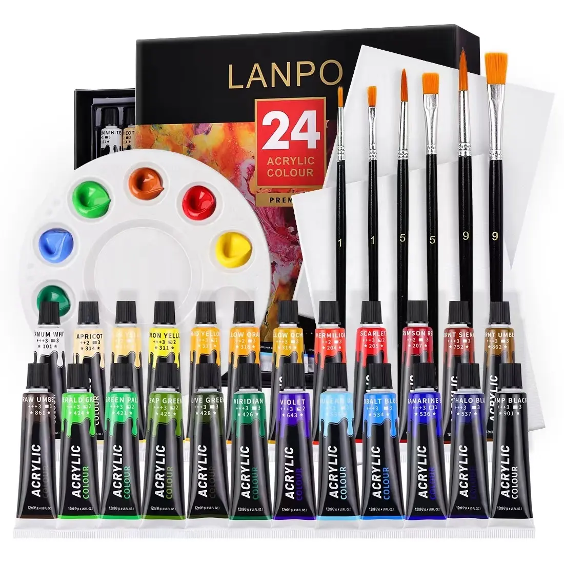 Professional 24 colors 12ml artist acrylic paints with 1pcs palette and 2pcs canvas and 6 brushes