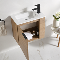 Ensemble de meuble-lavabo mural scandinave en bois avec miroir, lavabo en céramique blanc, meuble-lavabo suspendu avec rangement