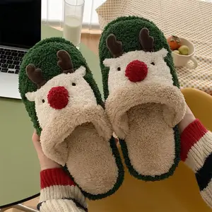 Cute Christmas Elk Toy Girls Indoor Home Non-slip Shoes Kids Simple Thick Plush Women Men Warm Slippers