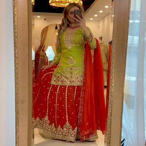 <b>Green</b> Embroidered <b>Silk</b> top plazzo With Red Lehenga Traditional Indian Pakistani Wedding Wear Women Floor Length Regular Fit - Product Image 1