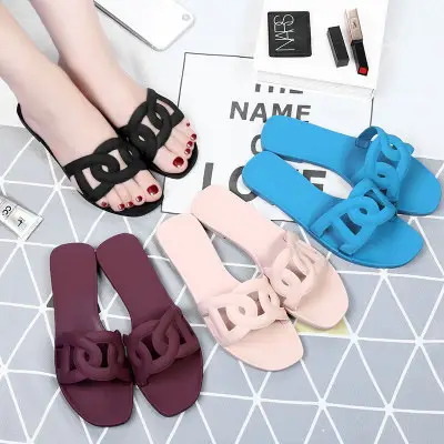 New women shoes Slippers new H jelly sandals flat with a word drag fashion slippers for women