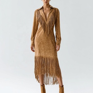 Chic autunno <span class=keywords><strong>donna</strong></span> stile retrò con frange sartoriale dettaglio finto camoscio camicia colletto a manica lunga abito Midi marrone per <span class=keywords><strong>donna</strong></span> - Product Image 2