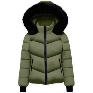 Parka de plumón beige para mujer con cuello de piel sintética, cintura con cordón ajustable, tejido jacquard, chaqueta acolchada cálida, ropa de abrigo de invierno para damas - Product Image 1