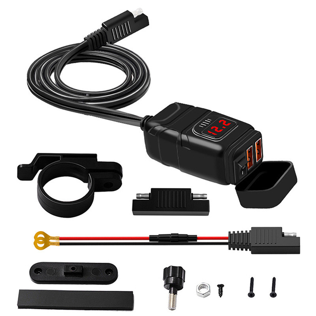 Motorcycle Dual USB Mobile Phone Charger 12V Fast Charging with Waterproof Voltage Meter