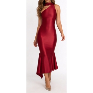 เดรสยาวปานกลางแบบไหล่เดียวสำหรับผู้หญิง - ชุดเดรสทรงปลายหางปลาประดับผ้าพันคอ เสื้อผ้าผู้หญิง ชุดเดรสผู้หญิง แฟชั่น - Product Image 6