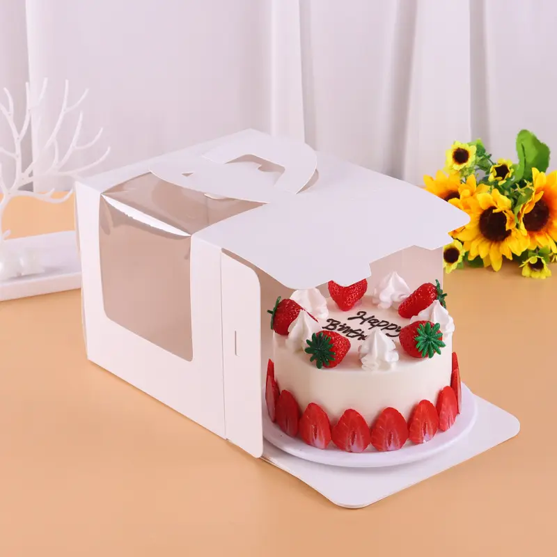 4/6/8/in Birthday Cake Box White With Handle Window Transparent Cake Box Mousse Dessert Baking Pastry Paper Box With Tray
