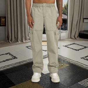 Pantalon cargo décontracté pour homme 100 % coton, coupe droite ample, multi-poches, style streetwear jeune, fermeture Velcro - Product Image 2