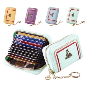 Custom Logo PU Leather Credit Card Holder Wallets Accordion Card Holder With Zipper Coin Purse And Keychain