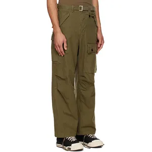 Khaki Mens Canvas Cargo Pants Adjustable Belted Waist Flap Pockets Streetwear Trousers