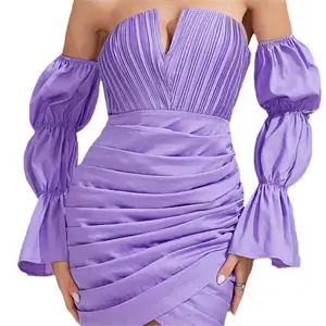 One-shoulder Puff Sleeves Sexy V-neck Off-shoulder Pleated Design Flower Skirt Evening Dress Petite Dress