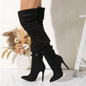 Botas <span class=keywords><strong>Unisex</strong></span> de Tacón Alto, Estilo Stiletto, Punta Puntiaguda, Gamuza Retro, Plegables, por Encima de la Rodilla, con Cierre Lateral, Color Negro - Product Image 2
