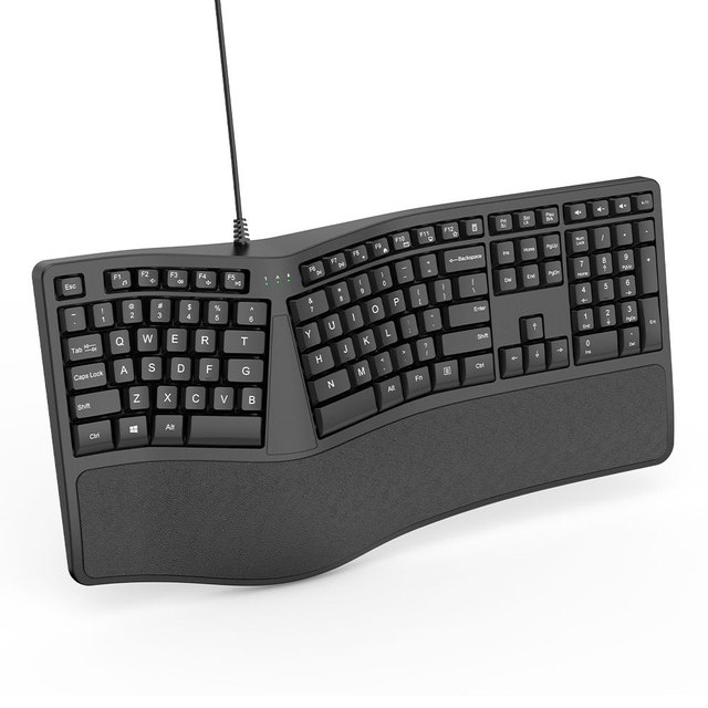 Ergonomic Wave USB Wired Keyboard with Cushioned Wrist Rest and Integrated Kickstand