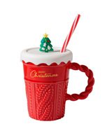 Mug en céramique tricoté en câble de Noël avec couvercle en forme de neige et paille, poignée en corde torsadée, décorations 3D Père Noël, Mug Pull de Noël Joyeux Noël, Vente en gros