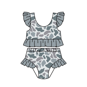 Traje de Baño Personalizado para Niñas, Informal, de Primavera y Otoño, con Estampado de Camuflaje Gris, Transpirable, de Algodón y Elastano, con Volantes, para Hermanitas - Product Image 1