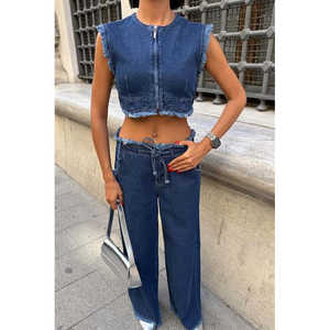 Conjunto de Mezclilla Sobe, Top Corto sin Mangas con Dobladillo Deshilachado, Pantalones de Mezclilla de Moda 100% Algodón para Mujer, Conjunto Combinado 10225 - Product Image 3