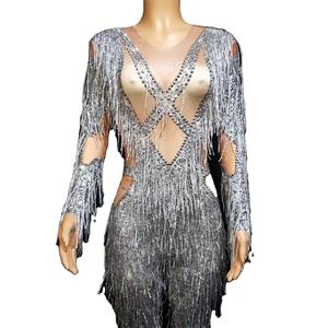 Combinaison argentée à manches longues avec strass et franges, combinaison sexy de club, combinaison à franges, costume de danse, tenue de scène, combinaison pour femmes - Product Image 1