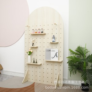 Wooden Arched Pegboard Screen Standing Partition Multifunctional Storage Shelf For Entryway Room Divider - Product Image 3