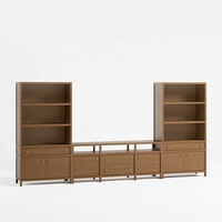 Meuble TV mural modulaire Japandi 141,7 pouces, console multimédia en bois avec étagères latérales, boutons dorés, luxe