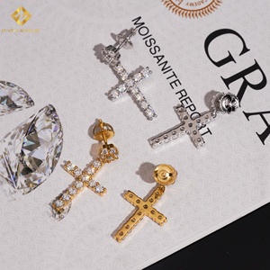 Pass Diamond Tester Hip Hop 18k Gold Plated Iced Out Cross <b>Dangle</b> 925 <b>Sterling</b> <b>Silver</b> Drop <b>Earrings</b> - Product Image 6
