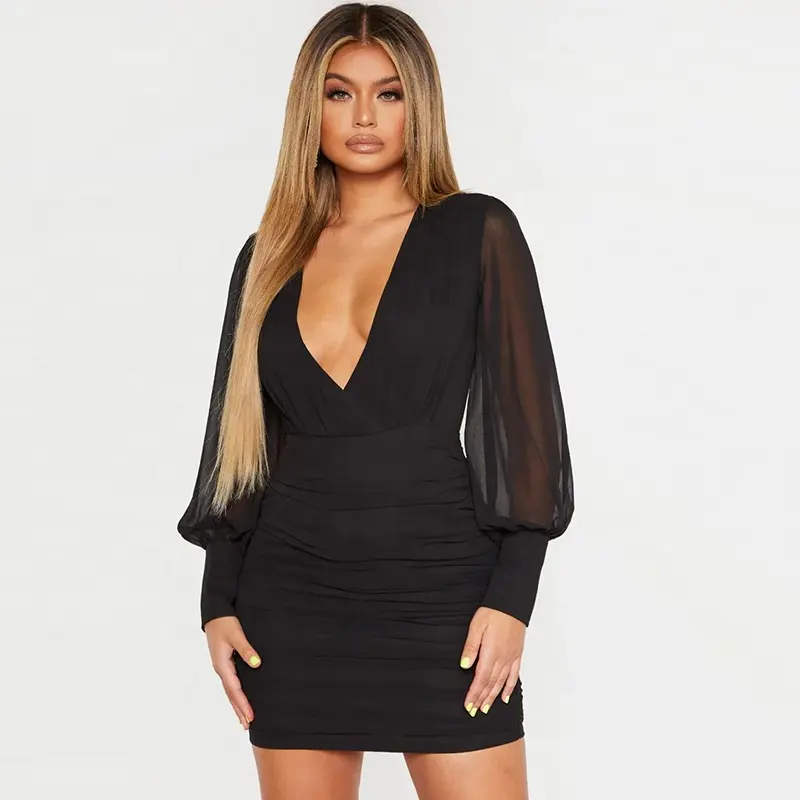Wholesale price hot sale women black v neck ruched chiffon long puff sleeve simple sexy tight party club bodycon dress