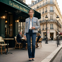 Manteau Femme en Mélange de Laine Tissée Fine Nouveau Style 2026 - Rayures Bleues et Blanches Luxueuses - Col Élégant - Tissu Personnalisé OEM/ODM