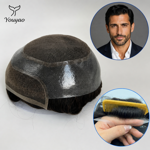 Parrucchino da uomo resistente con bordo largo in PU, frontale in pizzo svizzero, fatto a mano, con doppio nodo, linea frontale naturale, resistente al sudore, in capelli umani - Product Image 2