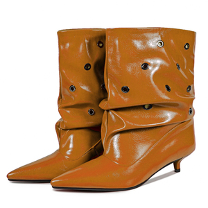 Piled Pleated <b>Ankle</b> Boots Low Heels Dress Stiletto Women Metal Circle Shoes Baggy Styles on Short <b>Booties</b> - Product Image 6