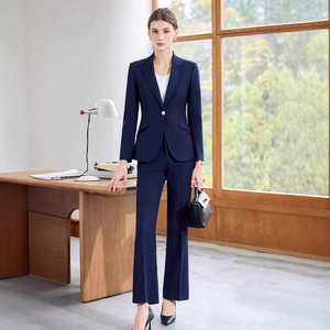 Women's Suit <b>Set</b> Navy Blue Full Sleeve Polyester Anti-Wrinkle <b>Office</b> Lady Spring Business Formal Wear - Product Image 1