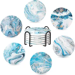 hot sale custom Design round 4'' 6 pcs Marble Painted Absorbent Stone Ceramic cup coaster coffee mat with stand