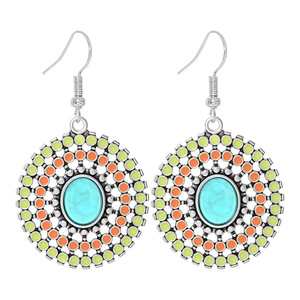 Boucles d'oreilles pendantes tendance pour femmes, style bohème, géométriques, en alliage, plaqué argent antique, avec turquoise, ensemble de bijoux - Product Image 3