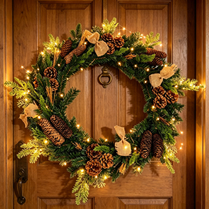 <span class=keywords><strong>Guirlande</strong></span> de Noël personnalisée de luxe, écologique, imperméable, avec lumières, décorée de pommes de pin artificielles et d'un nœud - Product Image 1