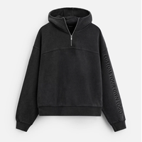 Sweat-shirt à capuche pour homme en coton 100% surdimensionné, noir, vintage, délavé à l'acide, poids lourd, fermeture éclair quart de tour, coupe ample