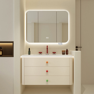 French cream wind wall mounted intelligent anti fog LED mirror cabinet with <b>side</b> storage bathroom cabinet - Product Image 1