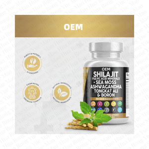 Preço de fábrica Himalaia Shilajit Puro Himalaia Orgânica Ashwagandha Cápsula Complexa Com Musgo Do Mar Tongkat Ali E Ácido Falvico - Product Image 1