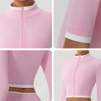 Ensemble de yoga pour femmes, haut court à manches longues zippé color block et short cycliste taille croisée, 2 pièces, tenue de sport active pour la gym