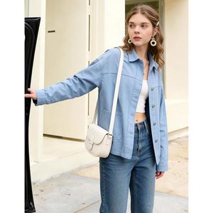 FOXA <b>Womens</b> Denim <b>Shirt</b> Jacket Lightweight <b>Chambray</b> Long Sleeve Button Down Casual Lapel Collar With Pockets - Product Image 3