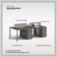 Poste de travail de bureau 4 places avec armoire de séparation et bureau informatique pour espace de travail ouvert