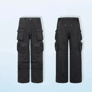 Celana kargo pria, pakaian Logo kustom pria, celana kargo gaya Vintage kanvas lurus longgar multifungsi, celana utilitas dicuci, celana kasual - Product Image 2