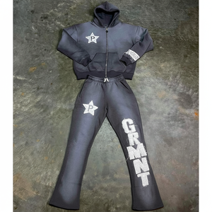 Vintage Acid Wash Flare Sweatpants and Hoodie Set with Custom Embroidery <b>Patch</b> Eco-Friendly Tracksuits for Men - Product Image 1