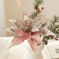 Fleurs de Noël artificielles en paillettes roses, poinsettia, 30 cm, grandes fleurs de Noël pour la décoration de l'arbre de Noël, couronne, guirlande