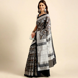 Sari en soie noir et gris imprimé numériquement, élégant, pour femmes, style Inde Pakistan, idéal pour les fêtes, coupe classique, infroissable, toutes saisons - Product Image 1