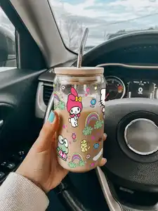 Kawaii Kitty Kulumi UV DTF taza envoltura para vidrio 16oz lindo dibujos animados pegatinas para taza vaso impermeable Calcomanía para botella de agua