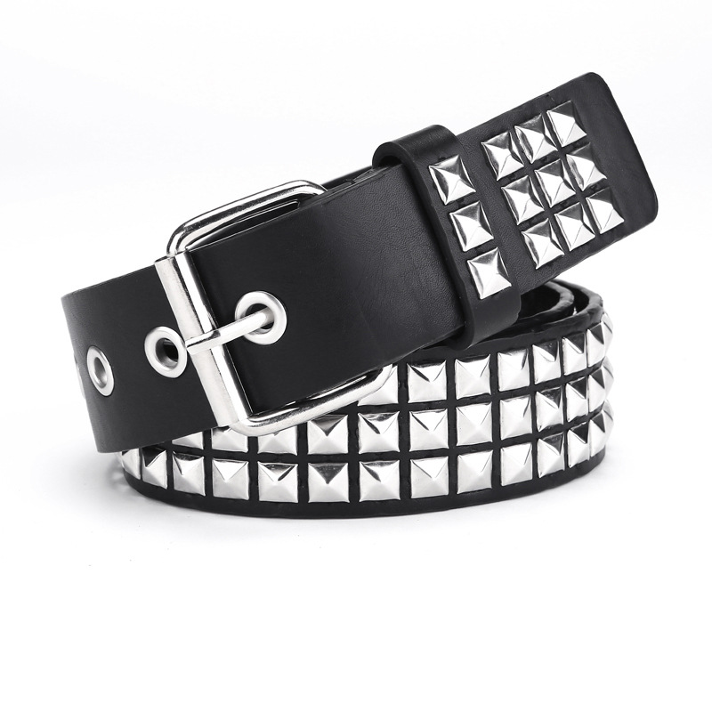 ☆送料・関税込☆PARTIMENTO★LEATHER LAYERED BELT★ Punk Rock ! 3-Row Metal Pyramid Studded Leather Belt
