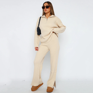 Conjuntos Deportivos de Suéteres de Punto con Media Cremallera y Pantalones Anchos Holgados para Mujer, Ideales para Otoño e Invierno - Product Image 1