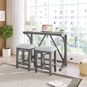 Ensemble de table à manger extensible et pliable <span class=keywords><strong>TOPMAX</strong></span> moderne en 3 parties, hauteur comptoir, avec port USB et tabourets rembourrés - Product Image 3