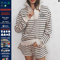 Ensemble deux pièces pour femme : sweat-shirt à col montant zippé et short en coton French Terry rayé avec broderie personnalisée
