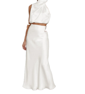 Elegant Black Two Piece Set High Waist Pencil Maxi Skirt Cowl Neck Crop <b>Top</b> Sleeveless Satin Dress <b>Party</b> Wear - Product Image 2