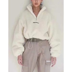 FOXA Women's Half Zip Fleece Sweatshirt <b>Crop</b> <b>Top</b> With Letter Print Regular <b>Sleeve</b> Anti Pilling Material - Product Image 3